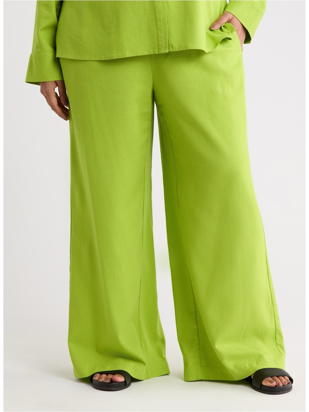 By Design Valencia Macaw Green Linen Blend Wide Leg Pants